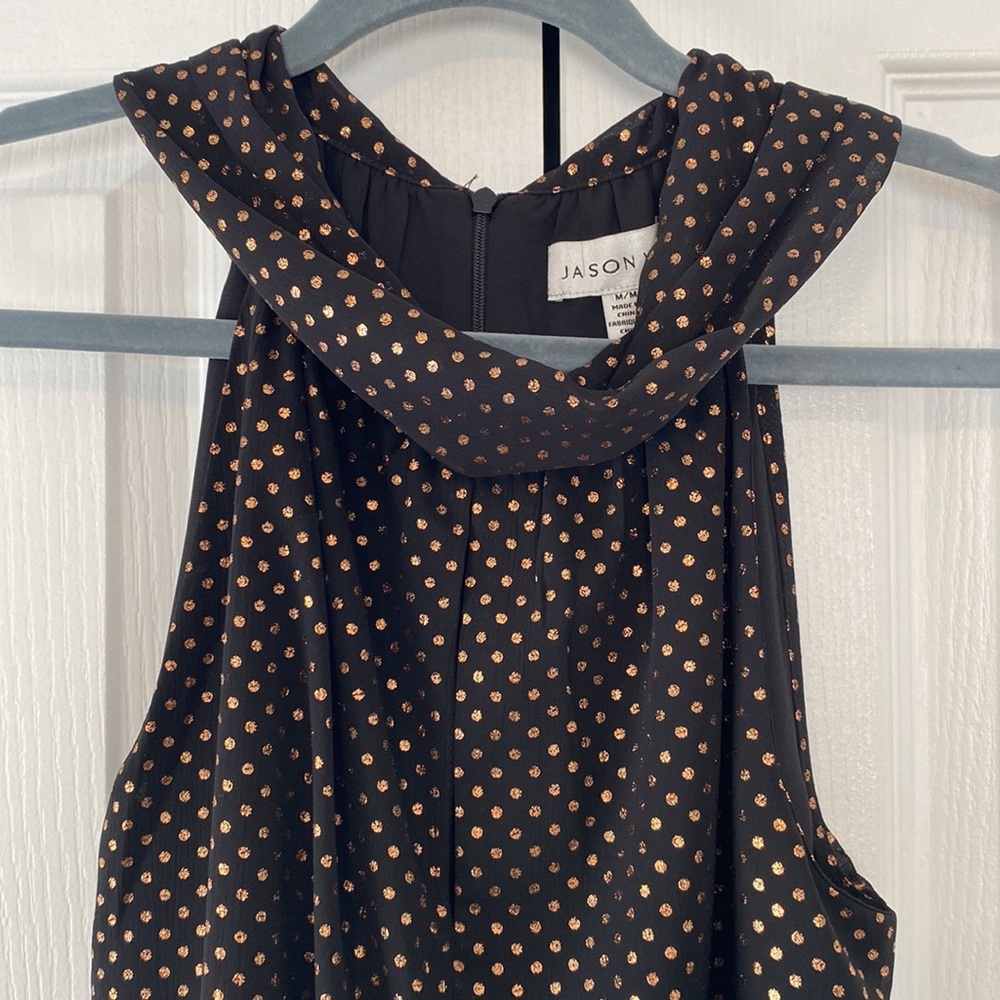 NWT Jason Wu Black & Gold Polka Dot Tie-Back Blouse | Draped Neck Sleeveless Top - Picture 3 of 11